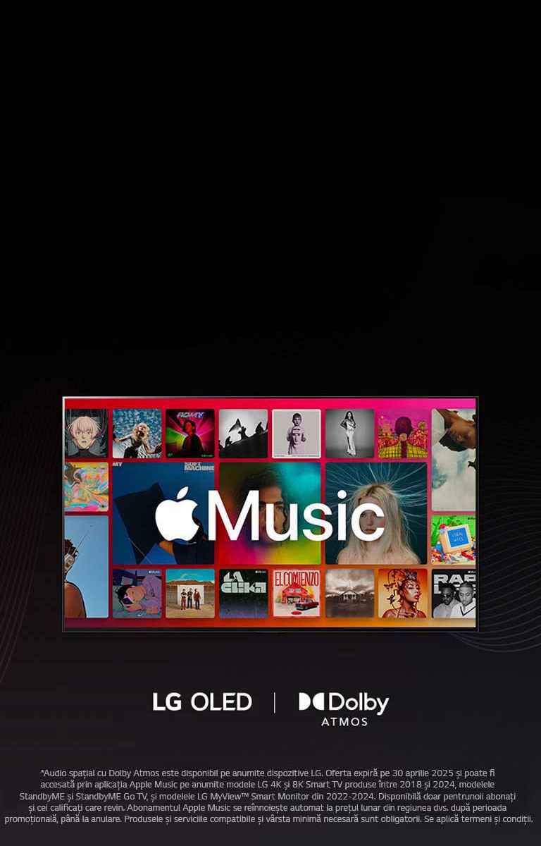 O grilă de albume cu logo Apple Music suprapus, cu LG OLED și sigla Dolby Atmos dedesubt.