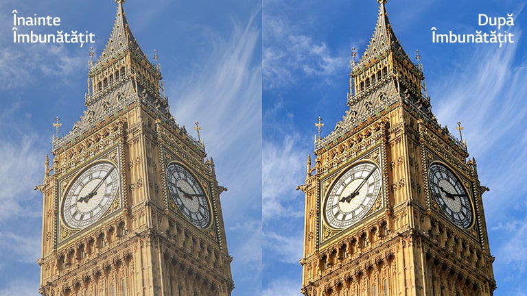 Imaginea din partea dreaptă a Big Ben-lui cu textul "După îmbunătățire" oferă o imagine mai luminoasă și mai clară comparativ cu aceeași imagine aflată în partea stăngă cu textul "Înainte de îmbunătățire"