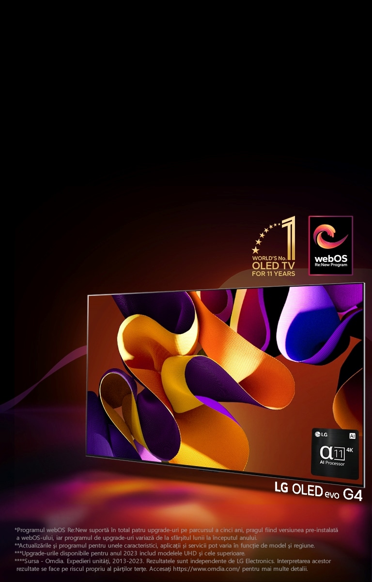 Televizorul LG OLED evo G4 cu o ilustrație abstractă și colorată pe ecran, pe un fundal negru cu vârtejuri subtile de culoare. Lumina radiază din ecran, creând umbre colorate. Procesorul alpha 11 AI 4K este în colțul din dreapta jos a ecranului televizorului. Emblema „Televizorul OLED numărul 1 în lume timp de 11 ani” și sigla „webOS Re:New Program" sunt în imagine. O declinare a răspunderii transmite: „webOS Re:New Program acceptă un total de patru actualizări pe parcursul a cinci ani, pragul fiind versiunea preinstalată de webOS, iar programul de actualizare variază de la finalul lunii la începutul anului.”  „Actualizările și programul pentru anumite caracteristici, aplicații și servicii pot varia în funcție de model și de regiune.”  „Actualizările disponibile pentru 2023 includ modee UHD și mai recente.” „Sursa: Omdia. Unități livrate, din 2013 până în 2023. Rezultatele nu reprezintă o susținere din partea LG Electronics. Orice încredere acordată acestor rezultate se face pe riscul terților. Vizitați https://www.omdia.com/ pentru mai multe detalii.”