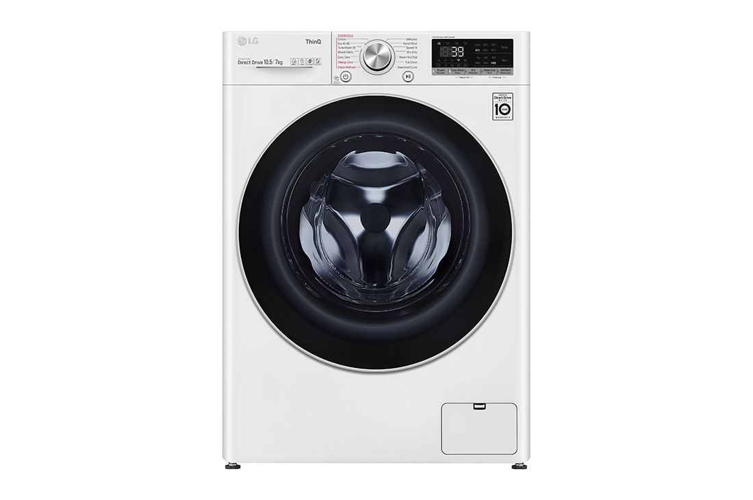 LG Mașină de spălat cu uscător | 10.5Kg spălare/7Kg uscare | 1400 rpm | AI Direct Drive™ | Clasa A ciclu spălare / Clasa E ciclu spălare + uscare | TurboWash™39 | Steam™ | ThinQ™ | Alb, Front view, F4DV710S1E