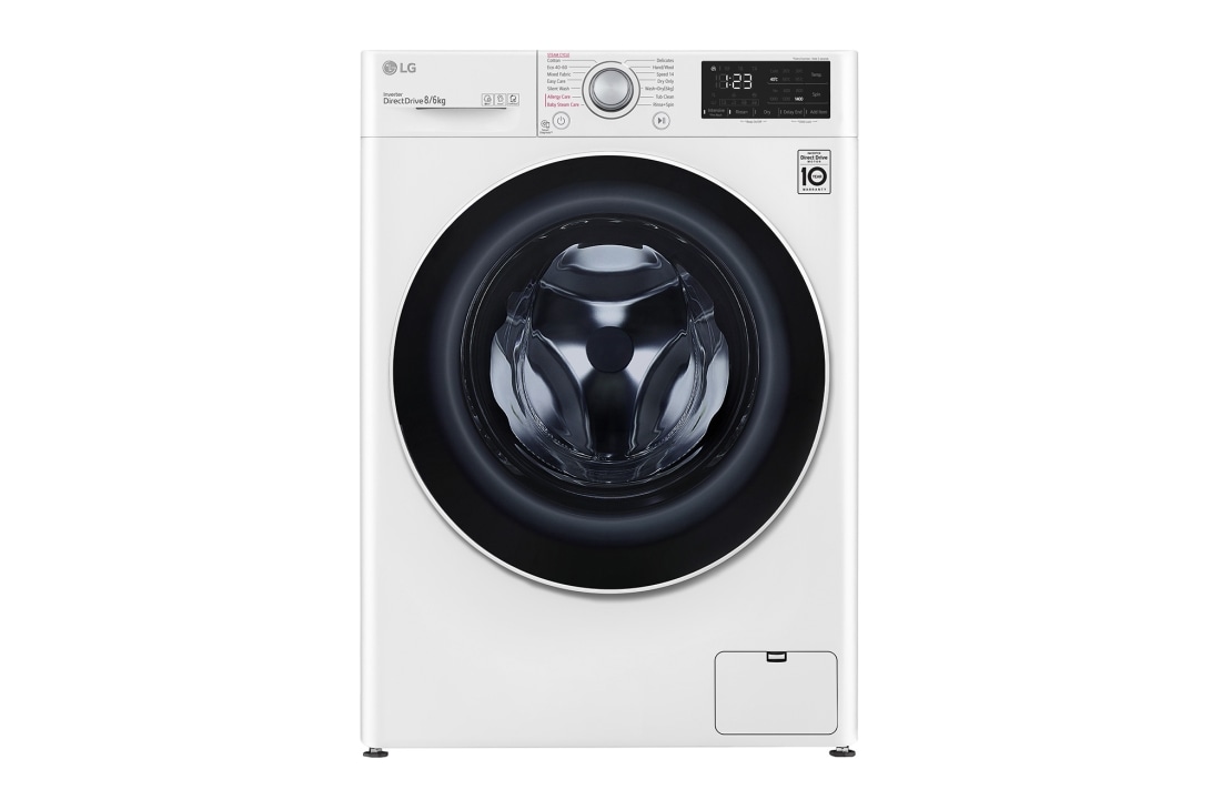LG Mașină de spălat cu uscător | 8Kg spălare/6Kg uscare | 1400 rpm | AI Direct Drive™ | Clasa B ciclu spălare / Clasa E ciclu spălare + uscare | Smart Diagnosis™ | Steam™ | Alb, Front_slim, F4DV328S0U