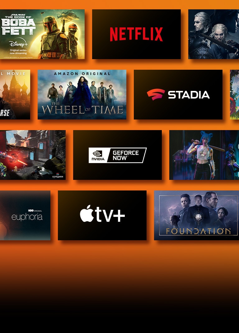Lângă fiecare siglă sunt prezentate siglele platformele cu servicii de redare în flux și materiale video corespondente. Sigla Netflix și Fabrica de bani și Witcher. Sigla Disney și Boba Fett. Sigla Stadia și Journey to the Savage Planet și The Legend of Heroes: Trails of Cold Steel III. Sunt prezentate sigla Prime Video și Without Remorse și Wheel of Time. Sigla Livenow și imaginea cu teaser-ul pentru mamamoo și imaginea cu teaser-ul pentru OneUs. Sigla NVIDIA Geforce Now și imagini din jocurile Cyberpunk 2077 și Splitgate. Sigla HBO Max și The Wire și Euphoria. Sigla Apple TV plus și Foundation și Finch.