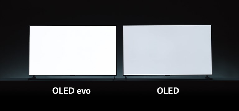 O comparație a luminozității televizorului între OLED evo și OLED. Un ecran TV OLED evo care afișează o imagine albă este mai luminos decât un ecran OLED.
