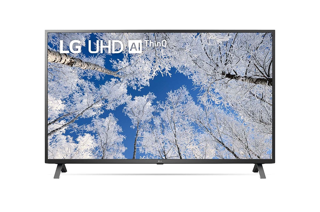 LG TELEVIZOR UHD 4K, Vedere frontală a televizorului LG UHD cu imaginea continuă și sigla produsului aprinsă, 43UQ70003LB