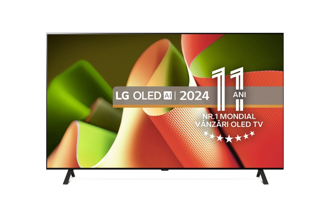 LG OLED B4 AI de 77'', 4K Smart TV, 2024 , Vedere frontală cu televizorul LG OLED, OLED B4, emblema OLED numărul 1 mondial de 11 ani și logo-ul programului webOS Re:New pe ecran cu suport cu două picioare., OLED77B43LA