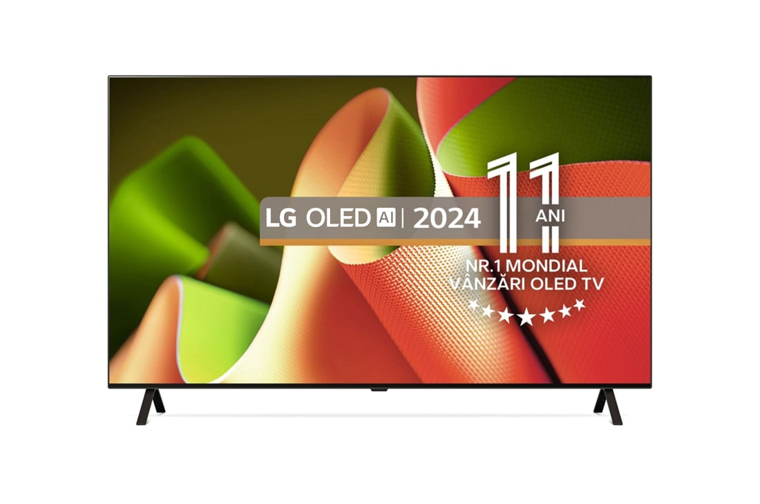 LG OLED B4 AI de 65'', 4K Smart TV, 2024, Vedere frontală cu televizorul LG OLED, OLED B4, emblema OLED numărul 1 mondial de 11 ani și logo-ul programului webOS Re:New pe ecran cu suport cu două picioare., OLED65B43LA