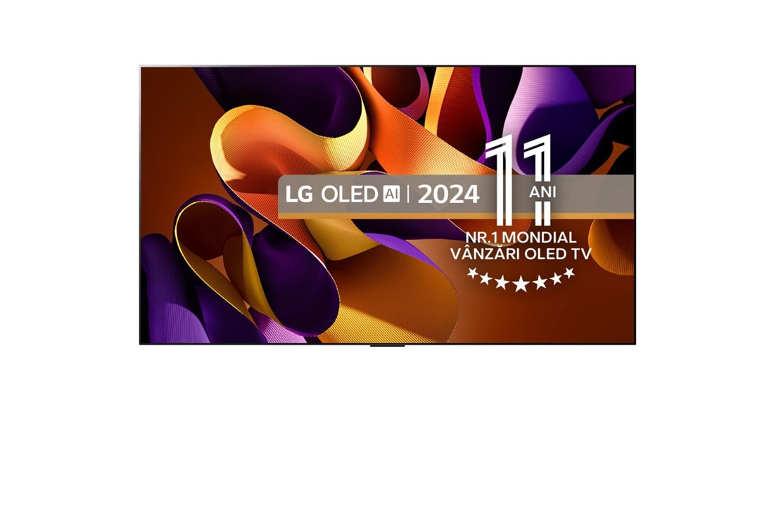 LG OLED evo AI G4 de 55'', One Wall Design, 4K Smart TV, 2024, Imagine frontală cu televizorul LG OLED evo, OLED G4, emblema OLED numărul 1 mondial de 11 ani și logo-ul Garanției de 5 ani a panoului afișat pe ecran., OLED55G42LW