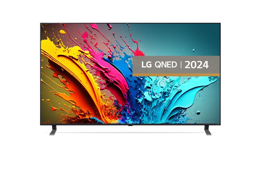 LG QNED85 de 55'', 4K Smart TV, 2024, Vedere din față a unui LG QNED TV, QNED85, cu textul LG QNED 2024 și logo-ul webOS Re:New Program pe ecran, 55QNED85T3C