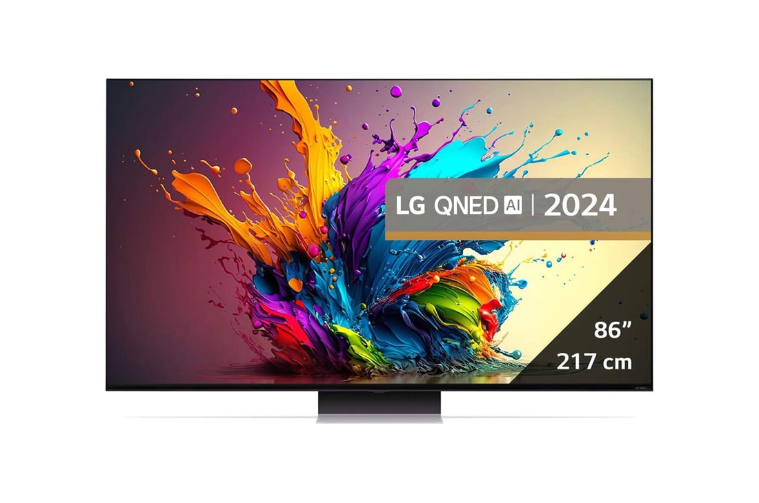 LG QNED91 MiniLED AI de 86'', 4K Smart TV, 2024  , Imagine frontală cu televizorul LG QNED, QNED91 cu textul LG QNED MiniLED și 2024 pe ecran, 86QNED91T3A