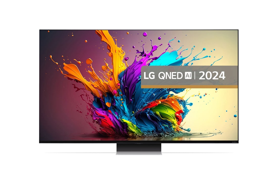 LG QNED91 de 75'', MiniLED, 4K Smart TV, 2024, Imagine frontală cu televizorul LG QNED, QNED91 cu textul LG QNED MiniLED și 2024 pe ecran, 75QNED91T3A