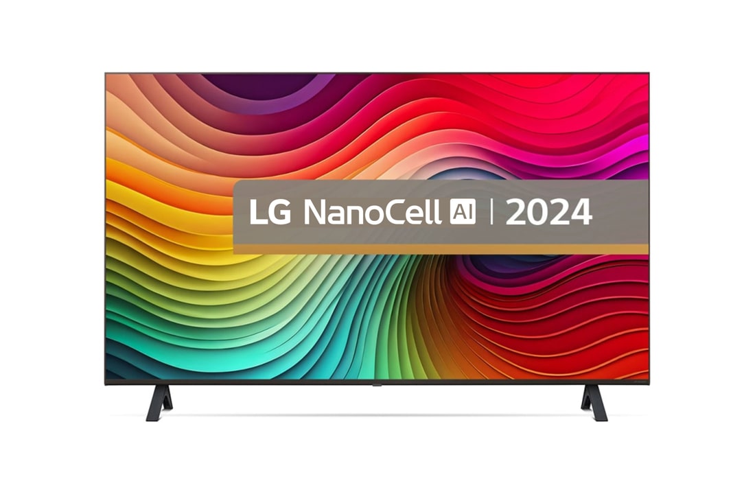 LG NANO82 de 43'', 4K Smart TV, 2024, Vedere din față a unui LG NanoCell TV, NANO82, cu textul LG NanoCell 2024 și logo-ul webOS Re:New Program pe ecran, 43NANO82T3B