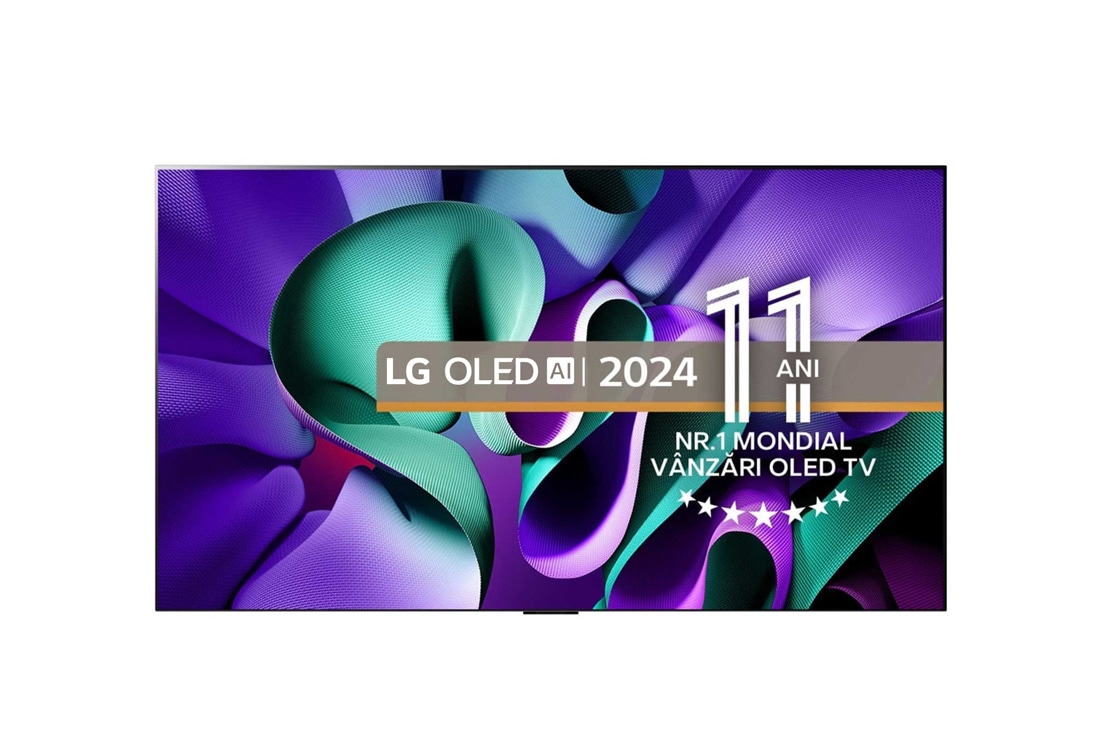 LG Signature OLED AI M4 de 97'', 4K Smart TV, 2024, Front view with LG OLED evo TV, OLED M4, 11 Years of world number 1 OLED Emblem, webOS Re:New Program logo, 5-Year Panel Warranty logo on screen, and a Zero Connect Box with 4K 144Hz wireless video & , OLED97M49LA