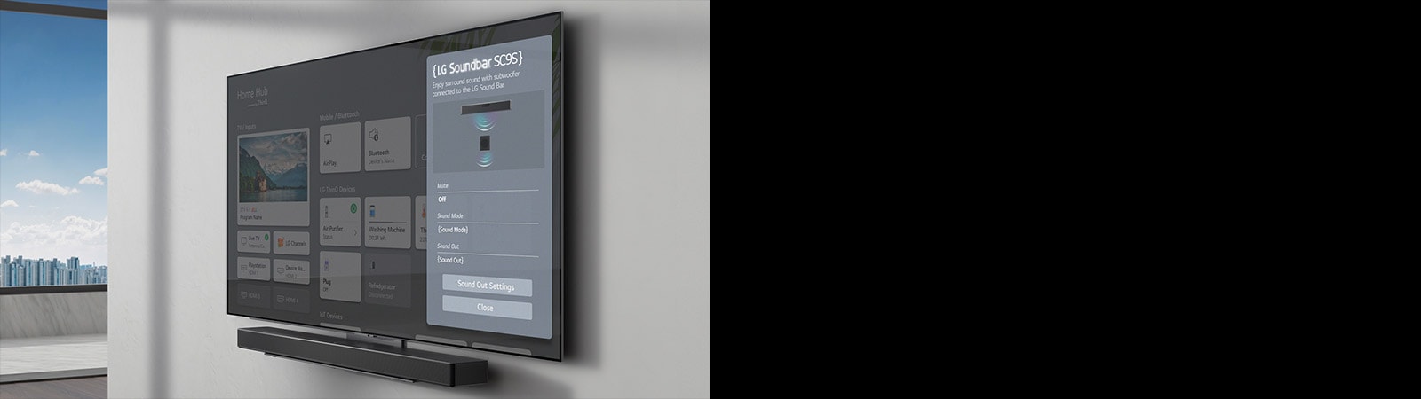Ekran za podešavanje LG Sound Bar SC9S zvučnika na televizoru montiranom na zid. Sound Bar zvučnik je takođe okačen na zid ispod televizora.