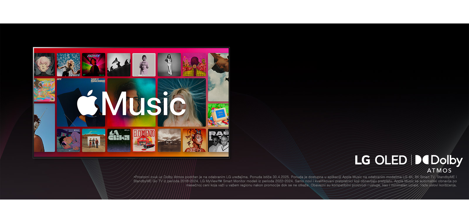 Raspored albuma u vidu mreže sa logotipom usluge Apple Music u prvom planu, kao i LG OLED i Dolby Atmos logotipima ispod.
