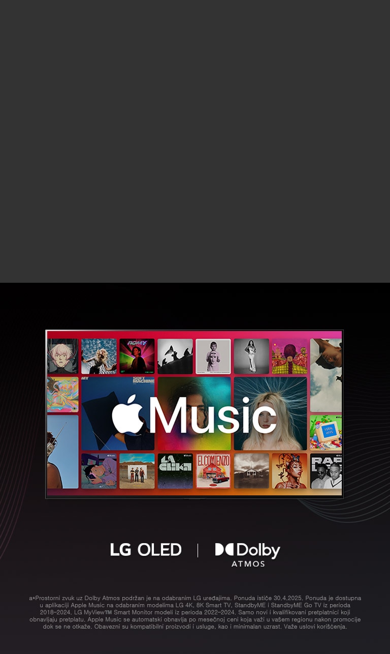 Raspored albuma u vidu mreže sa logotipom usluge Apple Music u prvom planu, kao i LG OLED i Dolby Atmos logotipima ispod.