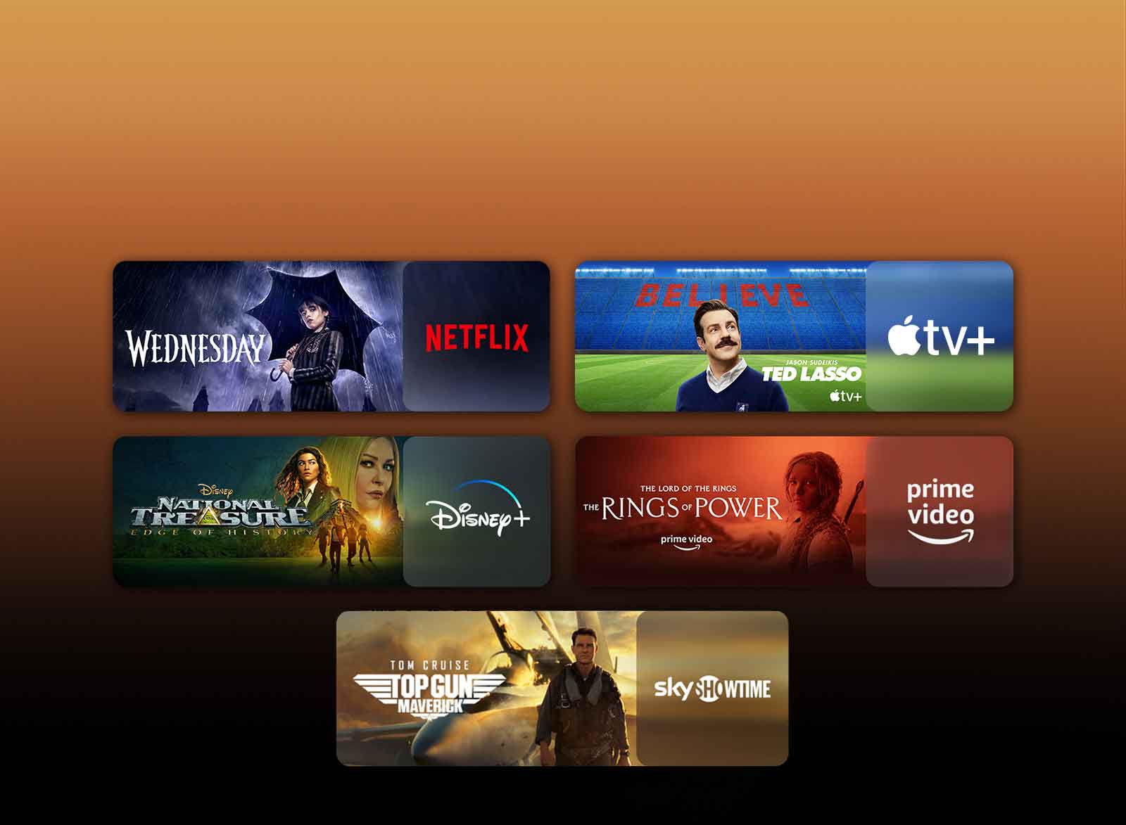 There are logos of streaming service platforms and Pored svakog logotipa nalaze se logotipi platformi sa uslugom strimovanja sadržaja i odgovarajućim slikama. Prikazane su slike „Wednesday” na Netflix, „TED LASSO” na Apple TV i „The rings of power” na PRIME VIDEO.footages right next to each logo. There are images of Netflix's Wednesday, Apple TV's TED LASSO, Paramount+'s Tulsa King, PRIME VIDEO's The rings of power, sky showtime's TOP GUN, and LG CHANNELS' leopard.