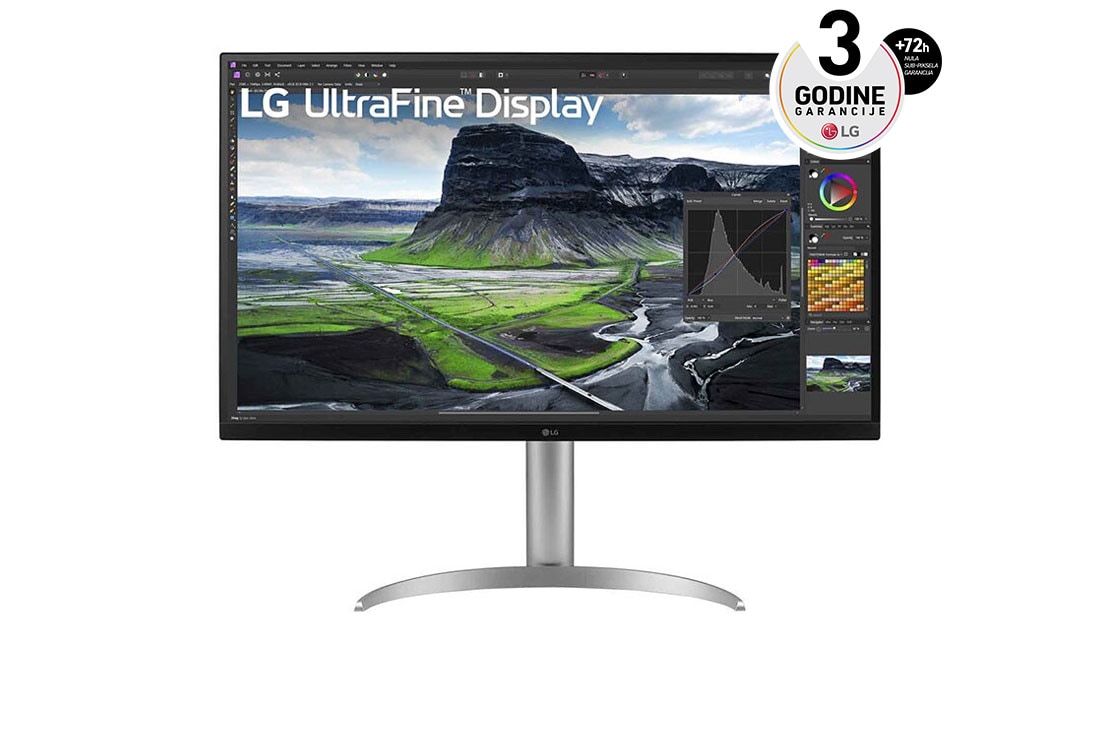 LG 32” UltraFine™ 16:9 odnos širine i visine 4K IPS monitor sa brzinom osvežavanja od 60 Hz, prikaz spreda, 32UQ850V-W