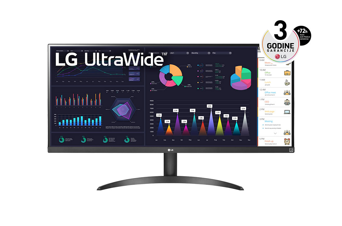 LG 34'' UltraVide™ IPS 21:9 monitor sa omjerom širine i visine sa brzinom osvježavanja od 100 Hz, prednji prikaz, 34WQ500-B