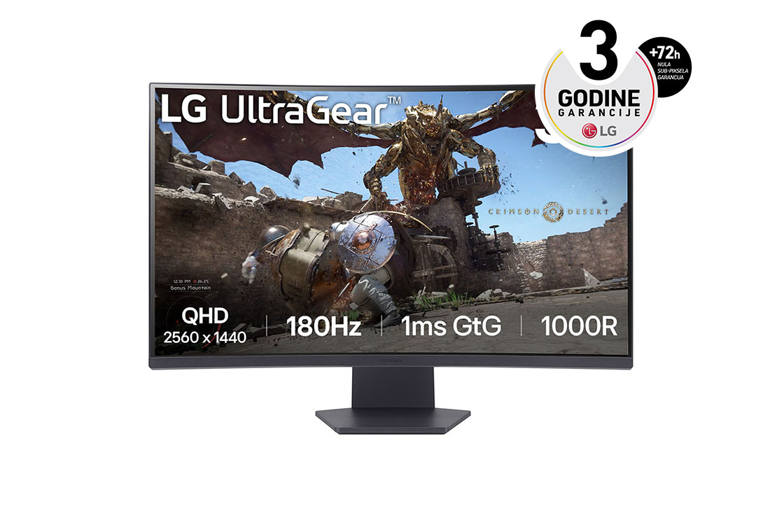 LG 32” UltraGear™ 16:9 QHD zakrivljeni monitor za igre sa brzinom osvežavanja od 180 Hz, prednji prikaz, 32GS60QC-B