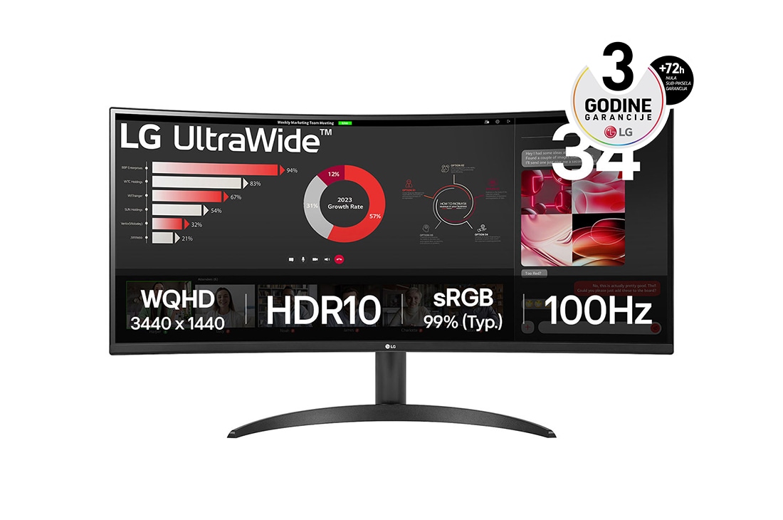 LG 34” UltraWide™ 21:9 zakrivljeni VA monitor sa brzinom osvežavanja od 100 Hz, prednji prikaz, 34WR50QK-B