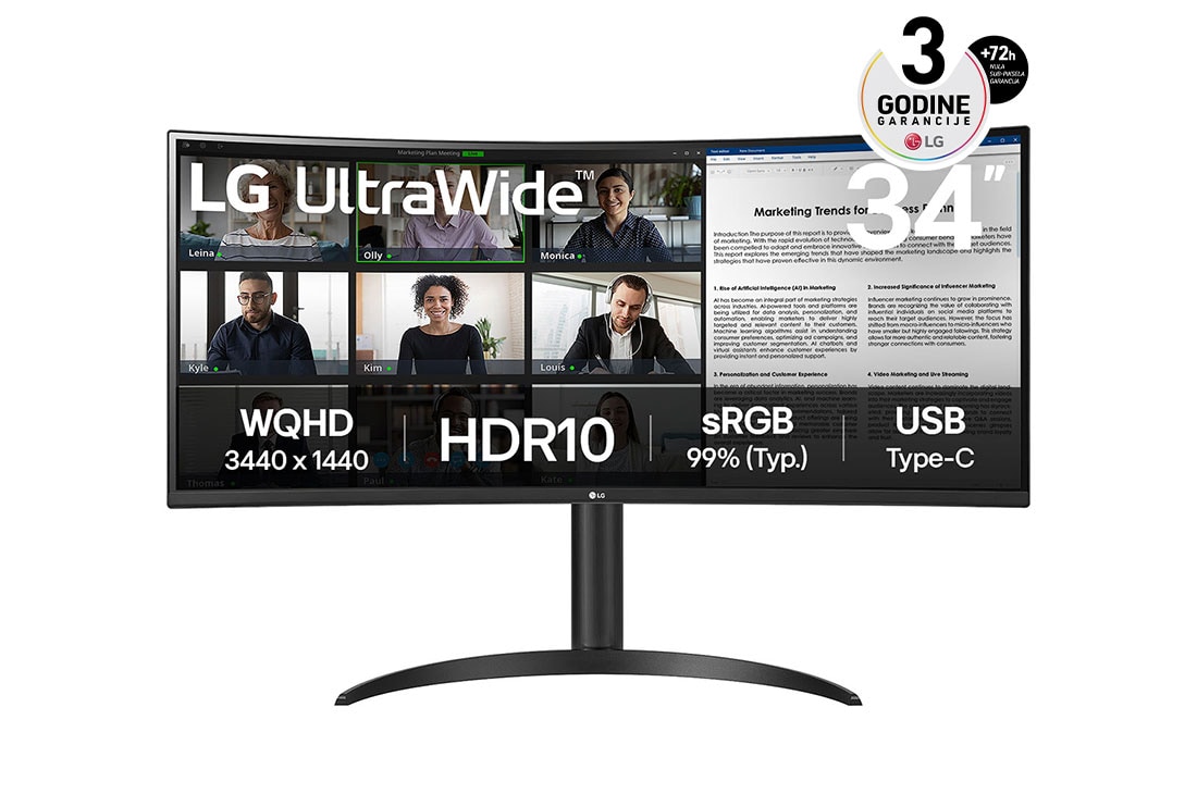 LG 34” UltraWide™ 21:9 zakrivljeni VA monitor sa brzinom osvežavanja od 100 Hz, prednji prikaz, 34WR55QK-B