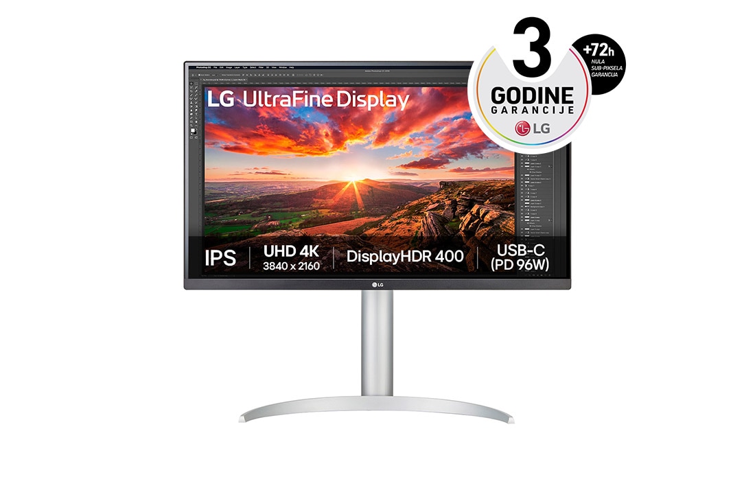 LG 27” UltraFine™ 16:9 odnos širine i visine 4K IPS monitor sa brzinom osvežavanja od 60 Hz, prednji prikaz, 27UP850K-W