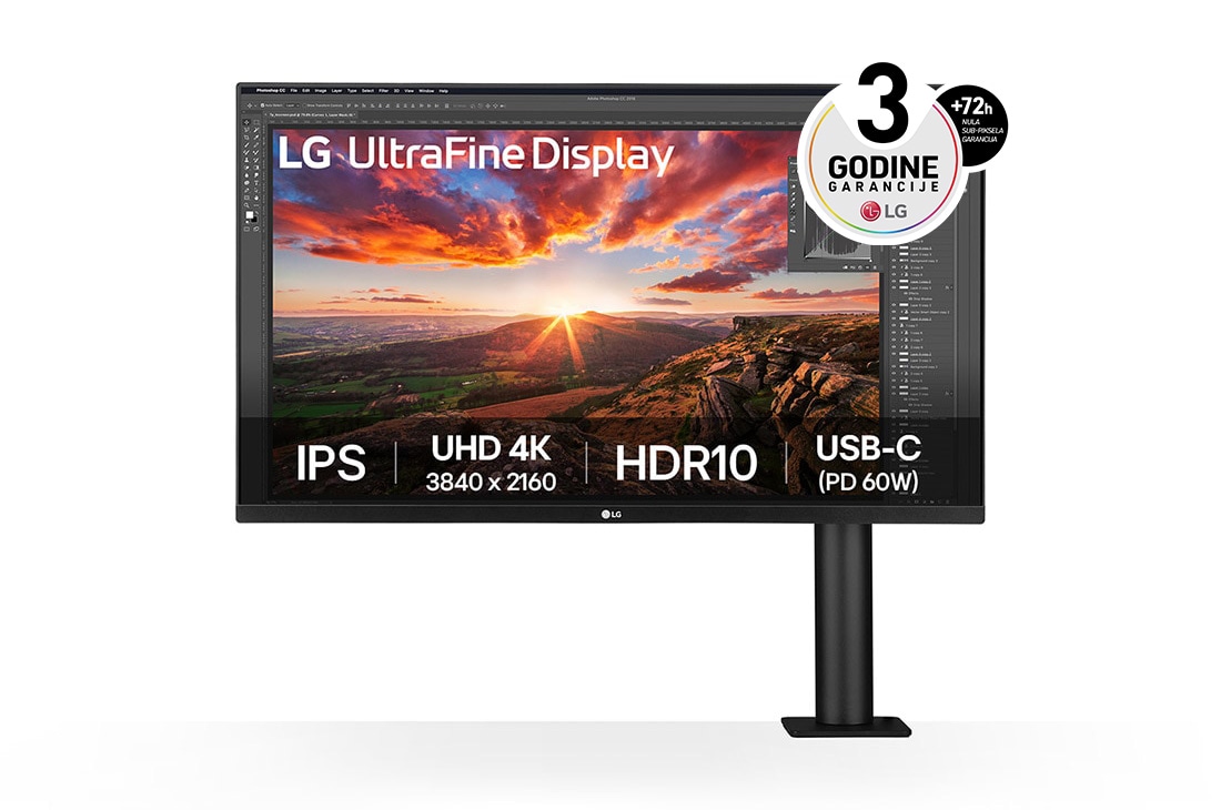 LG 32” UltraFine™ 16:9 odnos širine i visine 4K UHD IPS Ergo monitor sa brzinom osvežavanja od 60 Hz, prikaz držača monitora spreda sa desne strane, 32UN880K-B