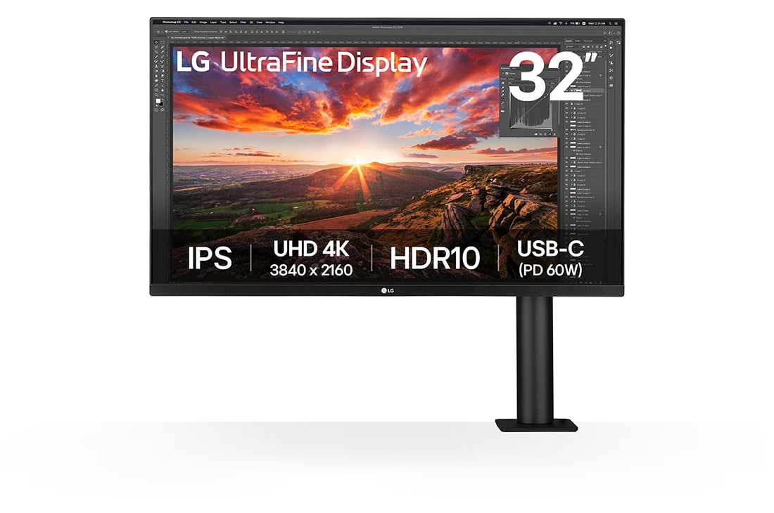 LG 32” UltraFine™ 16:9 odnos širine i visine 4K UHD IPS Ergo monitor sa brzinom osvežavanja od 60 Hz, prikaz držača monitora spreda sa desne strane, 32UN880K-B