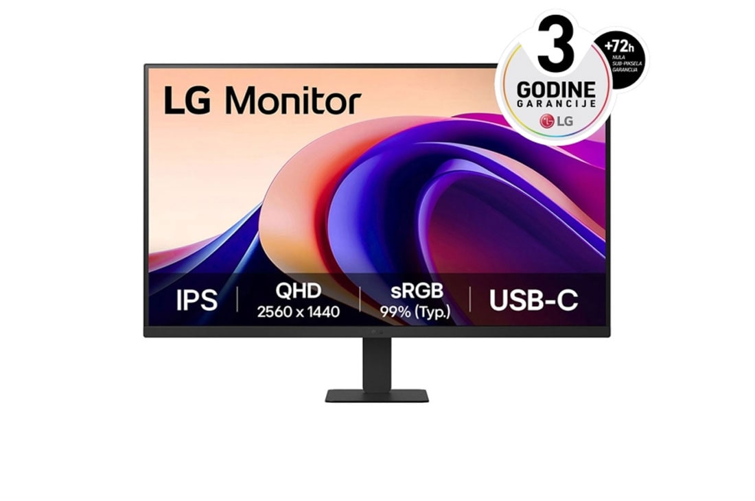 LG 27” 16:9 QHD IPS monitor sa brzinom osvežavanja od 100 Hz, prednji prikaz, 27U631A-B