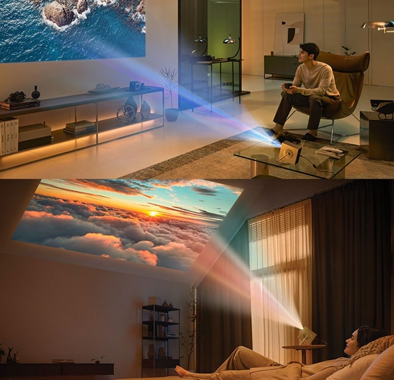 Razne situacije upotrebe projektora LG CineBeam HU710PB – dnevna i spavaća soba.