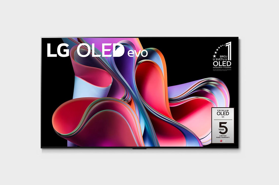 LG OLED evo G3 55 inča 4K Smart TV 2023, Prikaz spreda uz LG OLED evo, oznaka 11 godina OLED br. 1 na svetu i logotip 5-Year Panel Warranty na ekranu, OLED55G33LA