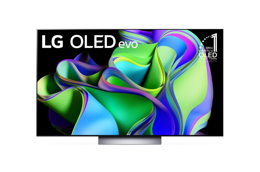 LG OLED evo C3 55 inča 4K Smart TV 2023, Prikaz spreda LG OLED evo i oznaka 11 godina OLED br. 1. na svetu na ekranu., OLED55C32LA