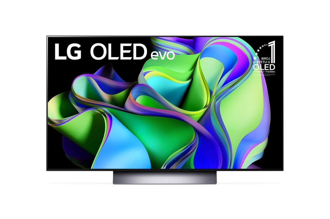 LG OLED evo C3 48 inča 4K Smart TV 2023, Prikaz spreda LG OLED evo i oznaka 11 godina OLED br. 1. na svetu na ekranu., OLED48C32LA