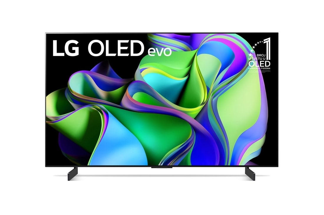 LG OLED evo C3 42 inča 4K Smart TV 2023, Prikaz spreda LG OLED evo i oznaka 11 godina OLED br. 1. na svetu na ekranu., OLED42C32LA