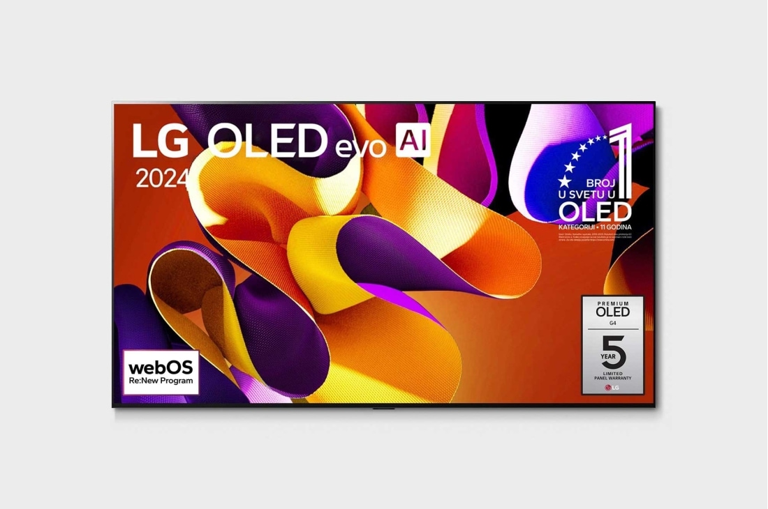 LG 83-inčni LG OLED evo AI G4 4K Smart TV 2024, Prikaz spreda uređaja LG OLED evo AI TV, OLED G4, amblem za 11 godina na 1. mestu u svetu za OLED ekrane, logo programa webOS Re:New Program i logo za 5 godina garancije na panel na ekranu, OLED83G42LW