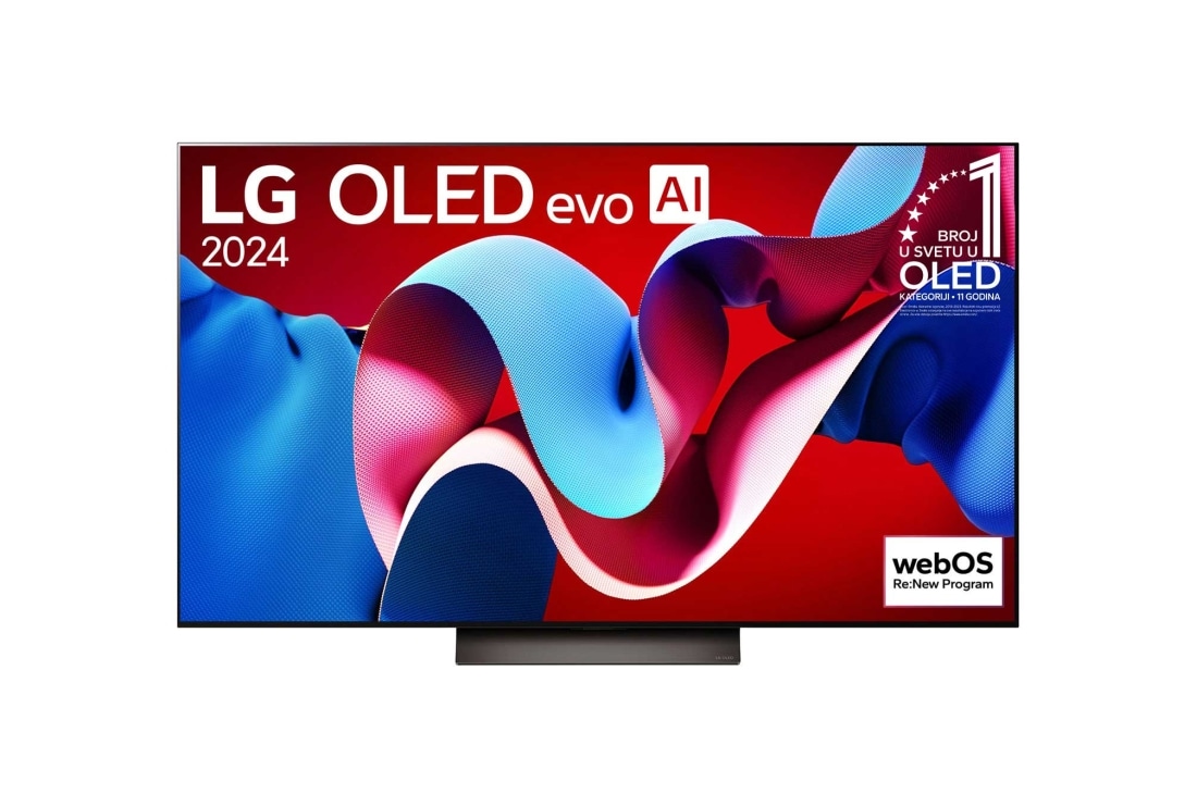 LG 77-inčni LG OLED evo AI C4 4K Smart TV 2024, Front view with LG OLED evo AI TV, OLED C4, 11 Years of world number 1 OLED Emblem logo and webOS Re:New Program logo on screen, OLED77C41LA