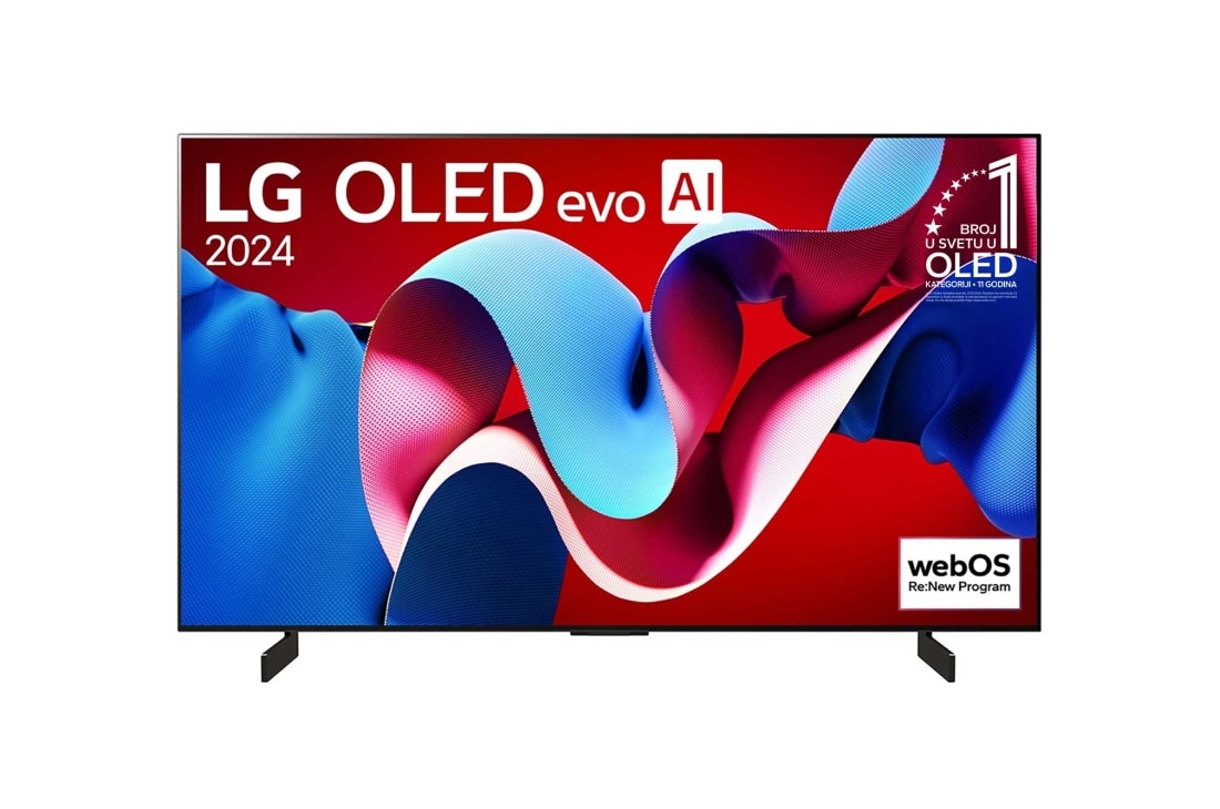 LG 42-inčni LG OLED evo AI C4 4K Smart TV 2024, Prikaz spreda uređaja LG OLED evo AI TV, OLED C4, 11 godina na 1. mestu u svetu, logo OLED amblema i programa webOS Re:New Program na ekranu, OLED42C41LA