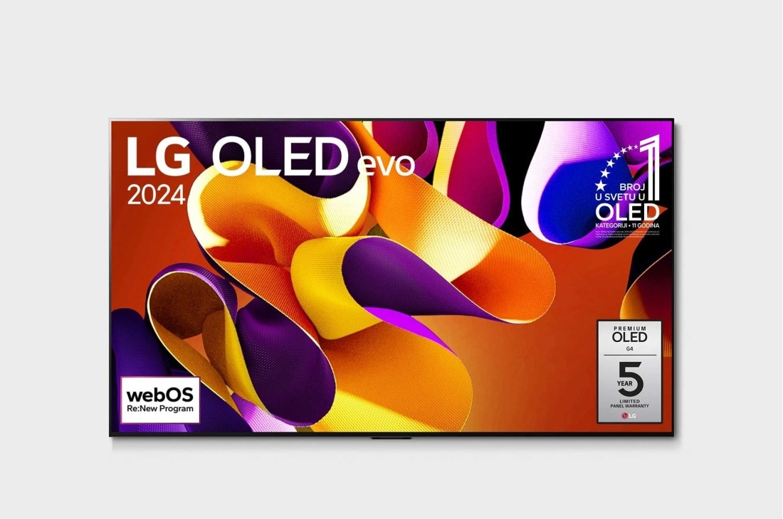 LG 55-inčni LG OLED evo G4 4K Smart TV 2024, Pogled spreda sa LG OLED evo TV, OLED G4, 11 godina br. 1 u svetu OLED oznakom i logotipom 5 godina garancije na panel u uglu ekrana, OLED55G42LW