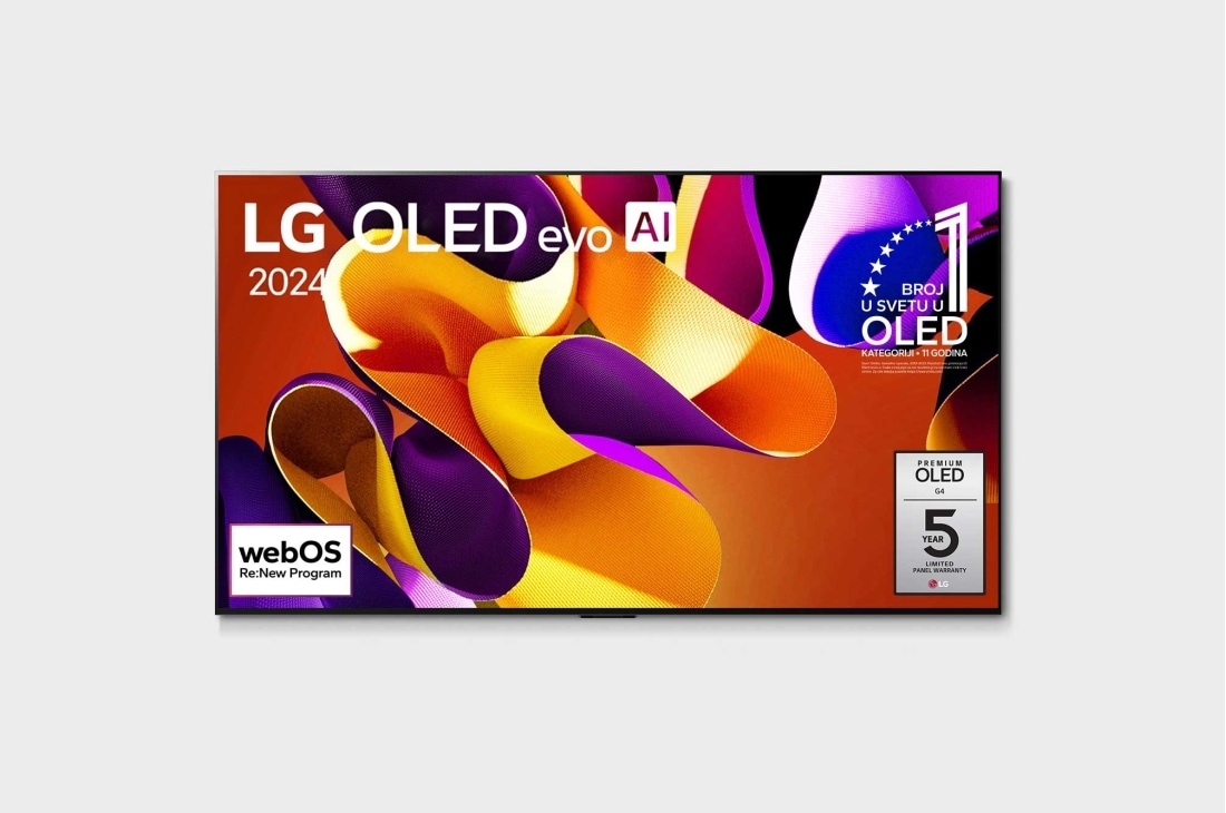 LG 55-inčni LG OLED evo AI G4 4K Smart TV 2024, Prikaz spreda uređaja LG OLED evo AI TV, OLED G4, amblem za 11 godina na 1. mestu u svetu za OLED ekrane, logo programa webOS Re:New Program i logo za 5 godina garancije na panel na ekranu, OLED55G42LW