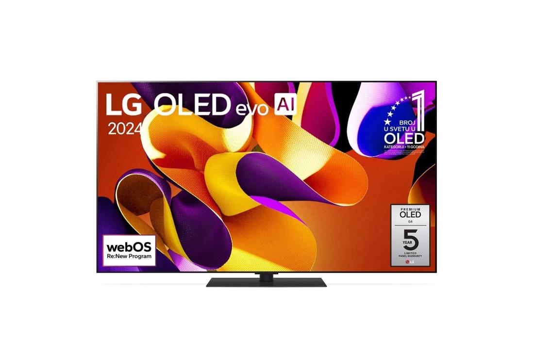 LG 55-inčni LG OLED evo AI G4 4K Smart TV 2024, Prikaz spreda uređaja LG OLED evo AI TV, OLED G4, amblem za 11 godina na 1. mestu u svetu za OLED ekrane, logo programa webOS Re:New Program i logo za 5 godina garancije na panel na ekranu, OLED55G43LS