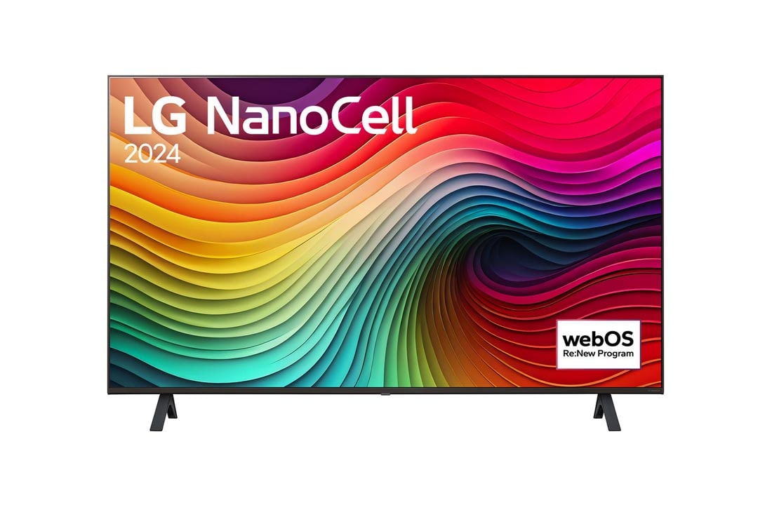 LG NanoCell NANO82 4K Smart TV 2024 od 43 inča, Prikaz spreda uređaja LG NanoCell TV, NANO82 sa tekstom LG NanoCell, 2024 i logoom webOS Re:New Program na ekranu, 43NANO82T3B