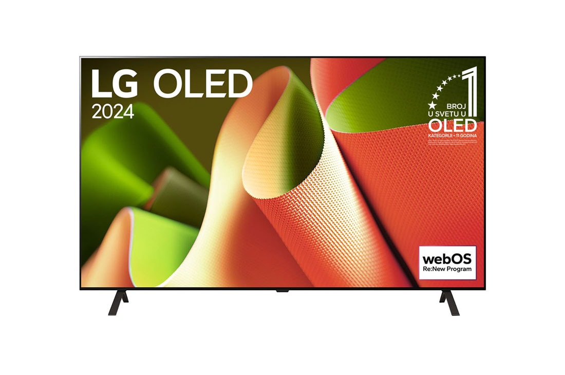 LG 77-inčni LG OLED B4 4K Smart TV 2024, Prikaz spreda uređaja LG OLED TV, OLED B4, 111 godina br. 1 u svetu, OLED amblem na ekranu sa 2-krakim postoljem, OLED77B43LA