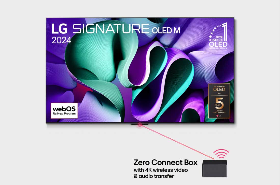 LG 97-inčni LG SIGNATURE OLED M4 4K pametni TV 2024. sa bežičnim prenosom slike i zvuka , Pogled spreda na LG OLED TV, OLED M4 SIGNATURE, OLED amblem 11 godina na 1. mestu u svetu, logotip programa webOS Re:New, logotip 5-godišnje na panel na ekranu i Zero Connect Box sa 4K bežičnim prenos, OLED97M49LA