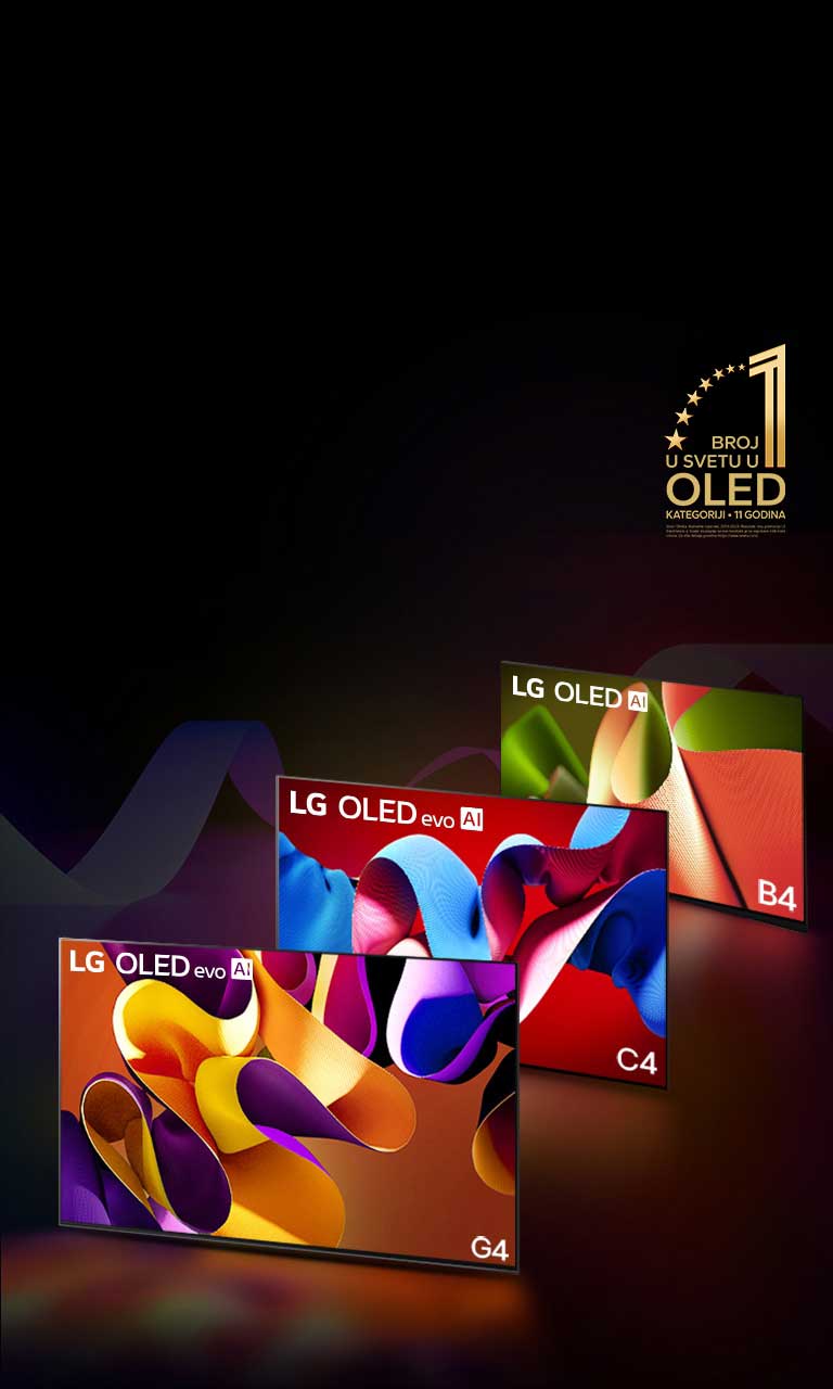 PC: LG OLED evo G4, LG OLED evo C4 i LG OLED B4 jedan pored drugog, na svakom je apstraktno umetničko delo različitih boja. Svetlo se emituje iz svakog TV na pod ispod. Zlatni amblem OLED TV-a koji je već 11 godina broj 1 u svetu, u gornjem desnom uglu.  MO: LG OLED evo G4, LG OLED evo C4 i LG OLED B4 u redu, na svakom je apstraktno umetničko delo različitih boja. Svetlo se emituje iz svakog TV na pod ispod. Zlatni amblem OLED TV-a koji je već 11 godina broj 1 u svetu, u gornjem desnom uglu.