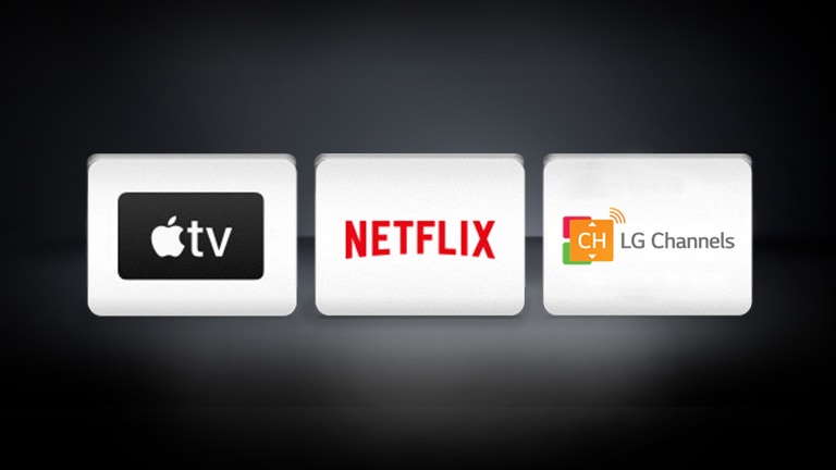 Логотипы LG Channels, Apple TV и Netflix на черном фоне.