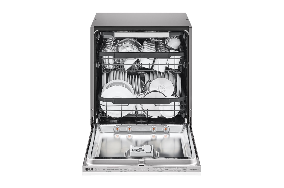 LG Встраиваемая посудомоечная машина LG QuadWash DB325TXS | TrueSteam, Дверца посудомоечной машины открывается, чтобы показать наполненные миски изнутри., DB325TXS