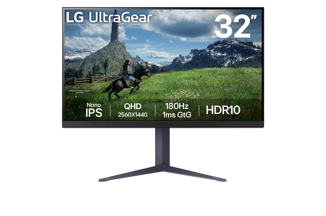 LG 32-дюймовый игровой монитор UltraGear™ QHD Nano IPS с частотой обновления 180Hz | 1ms (GtG), HDR10, вид спереди, 32GS85Q-B