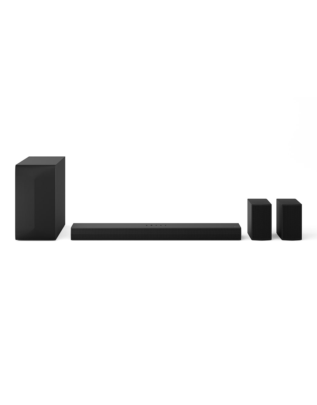 LG Саундбар LG Soundbar S60TR для телевизора | 5.1 канала | AI Sound Pro, Вид спереди на звуковую панель LG Soundbar S60TR, сабвуфер и задние динамики, S60TR