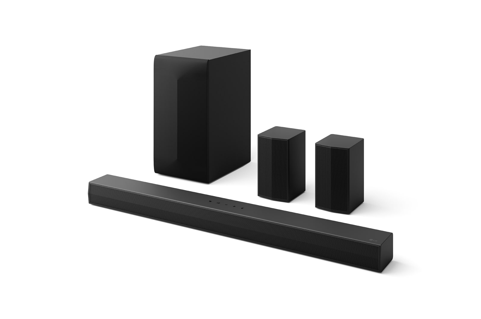 LG Саундбар LG Soundbar S60TR для телевизора | 5.1 канала | AI Sound Pro, Вид под углом на звуковую панель LG Soundbar S60TR, сабвуфер и задние динамики, S60TR