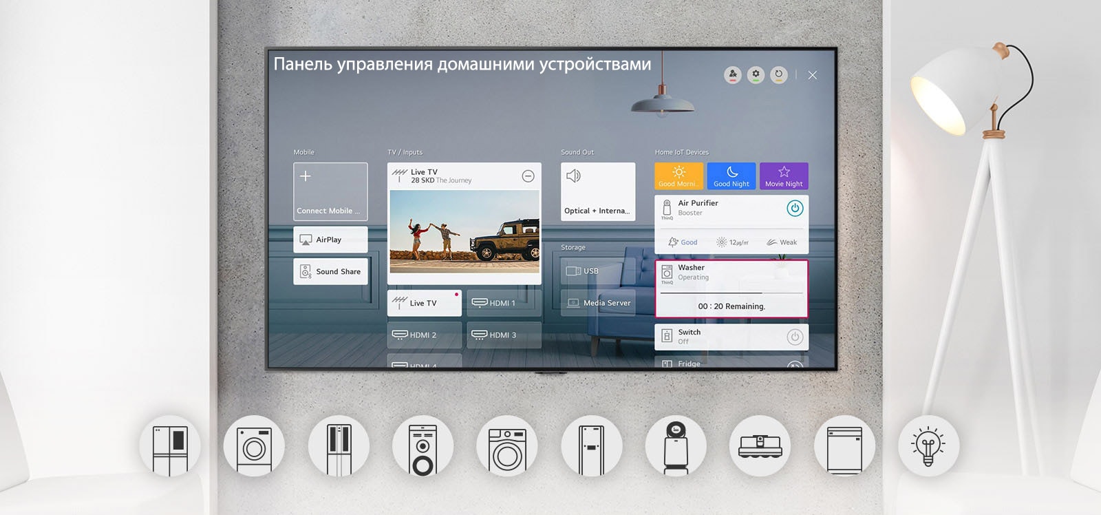 Настенный телевизор, показывающий Панель управления домом и графические логотипы бытовых приборов внизу